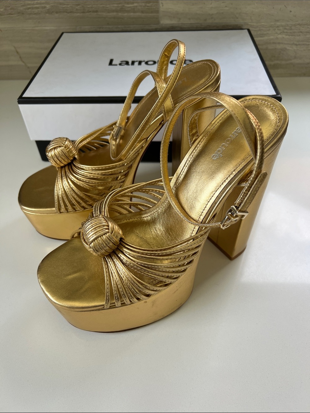 Larroude metallic gold open toe valerie platform knot heels strappy sandals 9.5